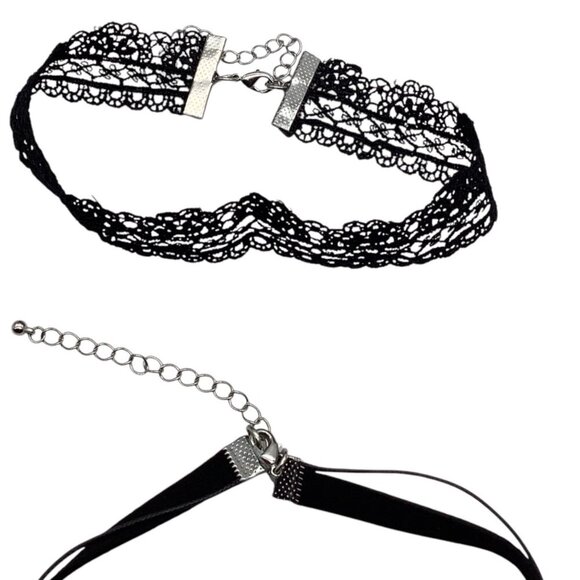 Set Of 3 Black Chokers With Gold Feather & Geometric Triangle Charms Adjustable - Picture 4 of 5